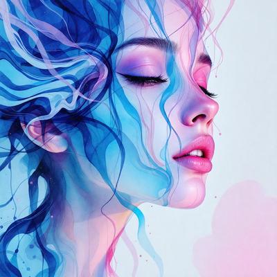 The primary subject of the image is a woman with long, flowing hair. She is wearing makeup and has a pink lipstick on her lips. The setting is a room with a pink background, which adds a warm and inviting atmosphere to the scene. The visual style of the image is a combination of digital art and illustration, creating a vibrant and artistic representation of the woman. The colors and mood of the image are predominantly pink, which adds a sense of femininity and warm